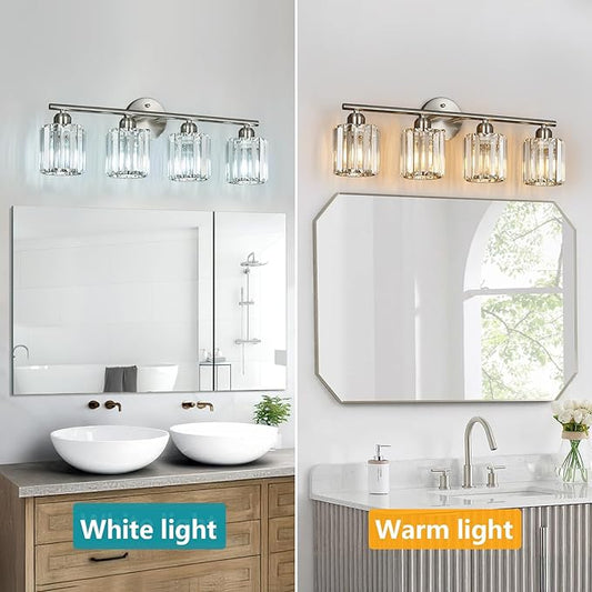 FDPBY Modern 4 Light Crystal Vanity Light, Brushed Nickel Vertical Bathroom Light Fixture Over Mirror for Dressing Table Sink, Compatible with Dimmable Bulbs (Bulbs Not Included)