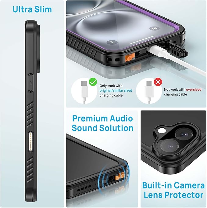 Lanhiem for iPhone 16 Plus Case, IP68 Waterproof Dustproof Shockproof Cases with Built-in Screen Protector, 360 Full Body Heavy Duty Rugged Phone Cover for iPhone 16 Plus - 6.7 inch (Purple)
