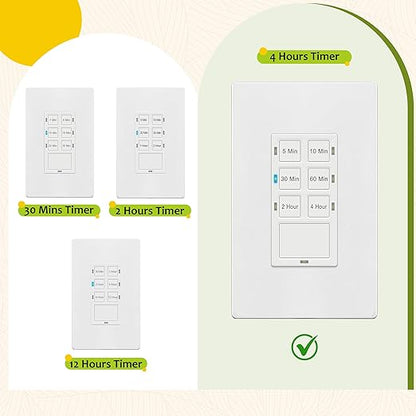 TG 4 Hour Countdown Timer Switch, Light Switch Timer for Bathroom Exhaust Fan, 5 min-2 Hours-4 Hours, Night Light LED Indicator, Neutral Wire Required, UL Listed, Screwless Wall Plate, White