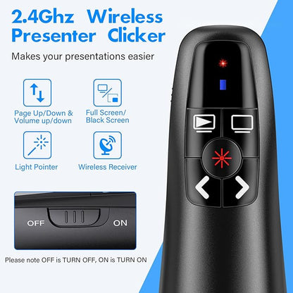 NinjaABXY Presentation Clicker with 2-in-1 USB Type C, Wireless Presenter Remote Clicker for PowerPoint Presentations, Pointer RF 2.4GHz USB PowerPoint Clicker Slide Advancer with Volume Control