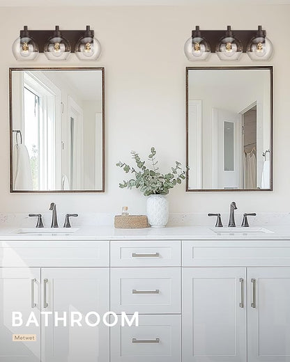 METWET Bathroom Light Fixtures Over Mirror, 3-Light Oil Rubbed Bronze Vanity Light with Clear Glass Globe Shade, Modern Sconces Wall Lighting, Bathroom Wall Lights for Bedroom Hallway, VL195-ORB-3