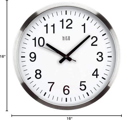 HITO 16" Silent Wall Clock Battery Operated Non Ticking Sweep Movement Glass Cover Silver Aluminum Frame, for Kitchen, Bedroom, Home Office, Living Room Decor