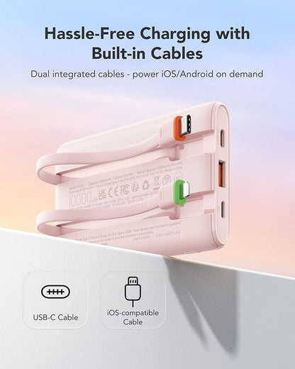 VEGER Portable Charger with Built in Cable, 10000mAh 22.5W Fast Charging USB C Battery Pack, 4 Outputs 3 Inputs Power Bank for iPhone 16/15/14/13 Series, iPad, Samsung, Android, Tablet, Pink(1 Pack)