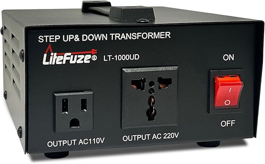 LiteFuze 1000 Watt Voltage Converter Transformer Step Up/Down - 110v to 220v / 220v to 110v Power Converter - Fully USA Grounded Cord - Universal Outlet Socket, 2x US Outlets - CE Certified