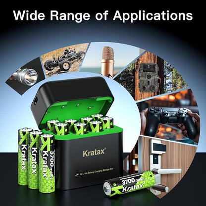 Kratax 12 Count 3700mWh AA Rechargeable Lithium Batteries with Battery Charger, High Capacity Double A li-ion Batteries 1.5v, Long Lasting, Charging Storage Box with AA Lithium Battery Rechargeable