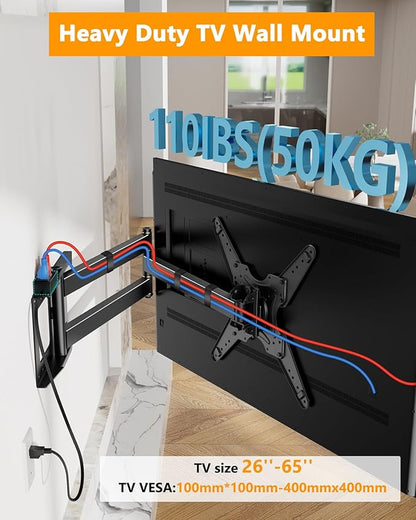 48'' Extension Extra Long Arm TV Wall Mount with Power Outlet, Rotating TV Wall Mount 180° Full Motion Heavy Duty for 26''-65'' Screens, VESA 400x400mm, Load 110 lbs, 16''Wood Stud/Concrete/Brick Wall