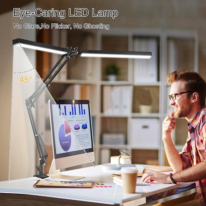 2-in-1 LED Desk Lamp, 24W Brightestwith Table Lamp with Clamp, Desk Light with Flexible Swing Arm,3 Color Modes Stepless Dimmable Double Head Architect Desk Lamps for Home Office Workbench Reading
