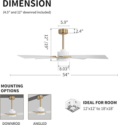WINGBO 54 Inch Ceiling Fan with Light and Remote, 4 Plywood Blades, 6-Speed Reversible DC Motor, Dimmable, 3CCT, Farmhouse Ceiling Fan for Bedroom Living Room Kitchen, Brass and White