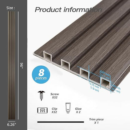 Art3d 8-Pack 96 x 6in. WPC Acoustic Slat Wall Panel for Modern Interior Decor, TV Background, Living Room, Grey Oak