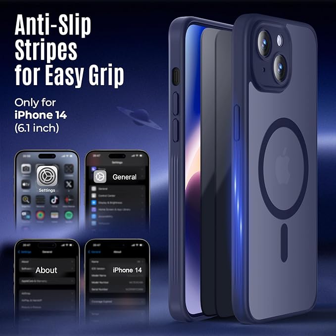 Designed for iPhone 14 Case, Compatible with MagSafe, with Privacy Screen Protectors X2, [Camera Protection] [15FT Military Drop Protection] Shockproof Phone Case, 6.1", Navy Blue