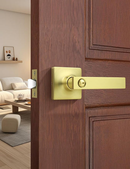 Mengico 1 Pack Gold Privacy Lever Door Handle Interior with Lock, Heavy Duty Square Door Lock for Bed/Bath, Keyless Door Locksets, Reversible for Left Right Handed Doors