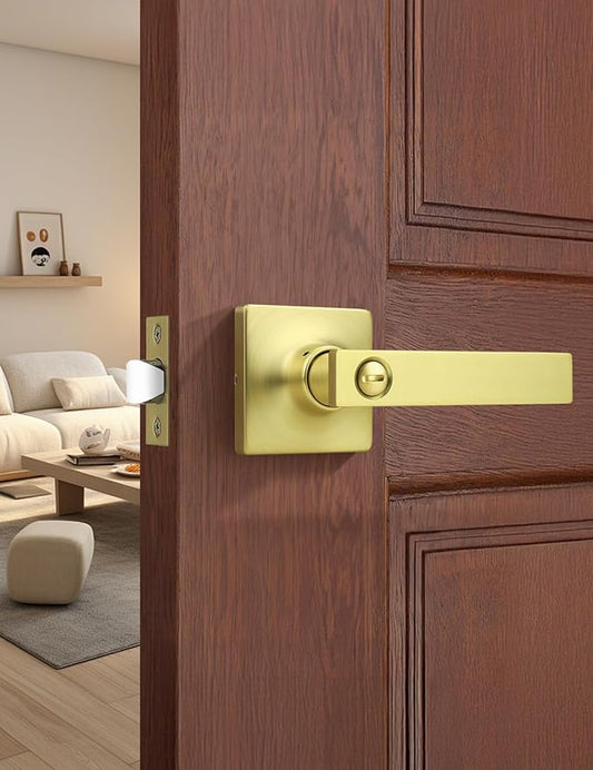Mengico 1 Pack Gold Privacy Lever Door Handle Interior with Lock, Heavy Duty Square Door Lock for Bed/Bath, Keyless Door Locksets, Reversible for Left Right Handed Doors