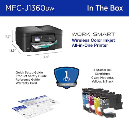 Brother Work Smart 1360 Wireless Color Inkjet All-in-One Printer with Automatic Duplex Printing and 1.8” Color Display | Includes Refresh Subscription Trial(1) (MFC-J1360DW) (Uses LC501 Series Inks)