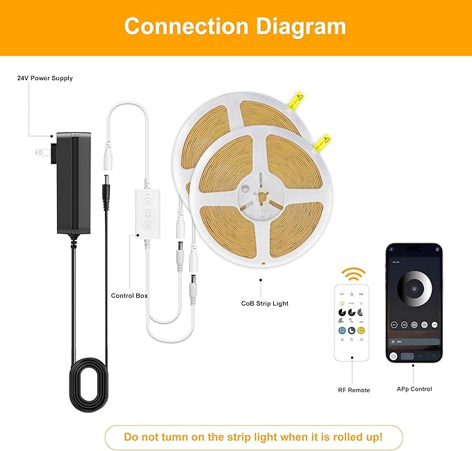 Pandery COB LED Strip Lights Cool White,24V Dimmable led Light Strip KIT with Remote and app Control,6000K 32.8FT/2 * 5m 8mm Wide Ra>90 Cuttable Flexible Strip Lights forBedroom,Wardrobe,Cabinet
