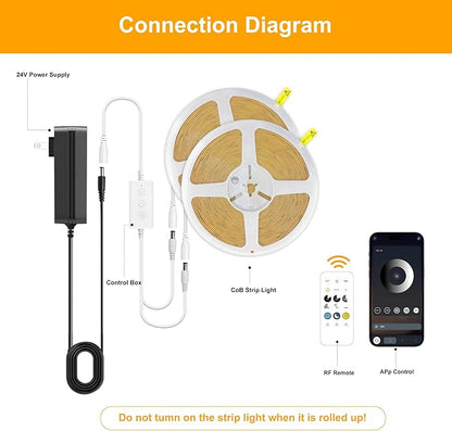 Pandery COB LED Strip Lights Natural White,24V Dimmable led Light Strip KIT with Remote and app Control,4000K 65FT/20m 8mm Wide Ra>90 Cuttable Flexible Strip Lights for Bedroom,Shelf,Cabinet