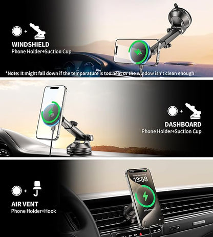for MagSafe Car Mount Charger Dash/Windshield/Vent Wireless Car Charger with [LED Light], Strong Magnetic Phone Holder for Car for iPhone 16 15 14 13 12 Series, Fit MagSafe Accessories
