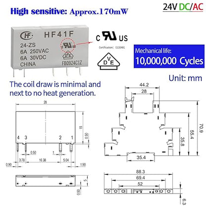 3 Pcs Miniature Power Relay 24V DC/24V AC HF41F/24-ZS 6Amp SPDT with LED Indicator with Socket Base 41F-1Z-C2 with DIN Rail