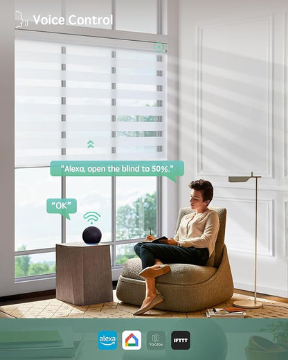 Yoolax Motorized Blinds with Remote, Electric Zebra Blinds for Indoor Windows, Room Darkening Smart Shades with Voice Control, Compatible with Alexa Google Home, APP Control, 23" W x 72" H, White