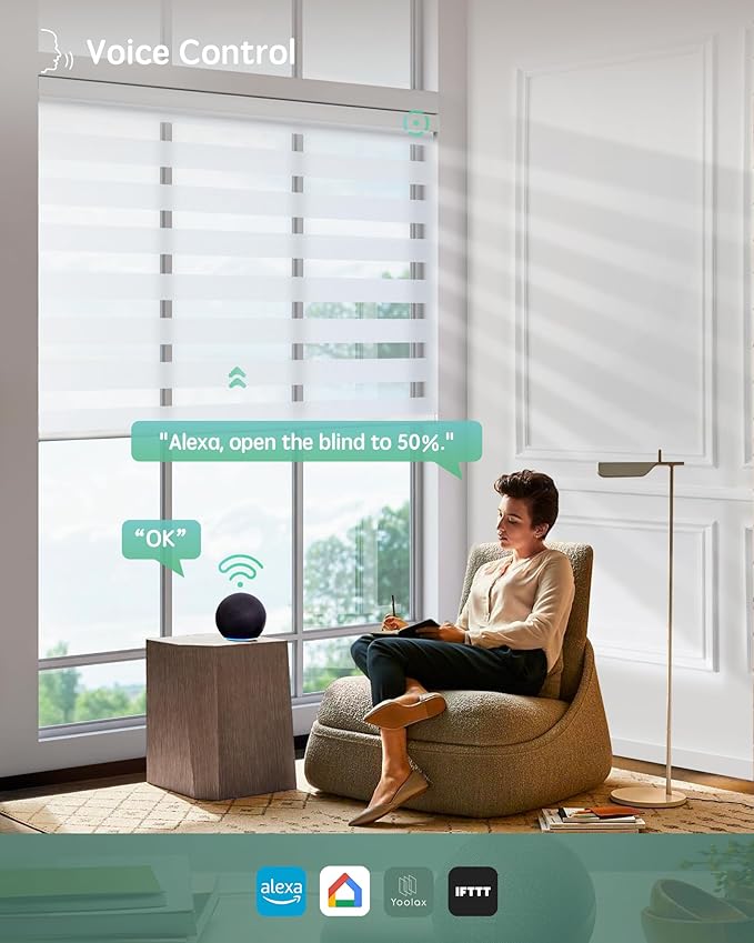 Yoolax Motorized Blinds with Remote, Electric Zebra Blinds for Indoor Windows, Room Darkening Smart Shades with Voice Control, Compatible with Alexa Google Home, APP Control, 30" W x 72" H, White