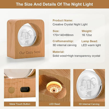Yijhpbc Custom 3D Crystal Photo Night Light Personalized Photo Crystal Ball Engraved Picture Lamp with Wood Base Memorial Gift for Pets Family Couple Birthday Valentine's Day (Style 2)