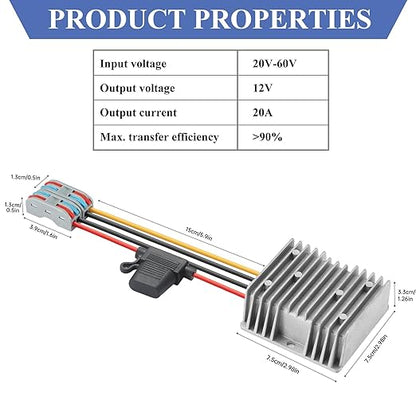 YBBOTT 20A 240W DC 20V-60V Step Down to 12V Converter DC Converter Voltage Regulator Transformer with Fuse Power Adapter for Car Truck Vehicle Boat