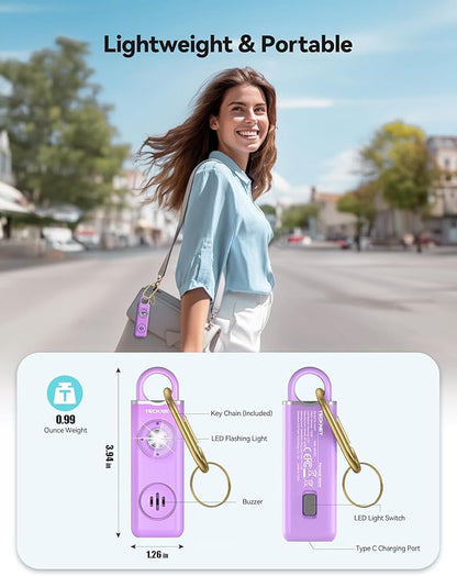 TECKNET Rechargeable Personal Safety Alarm for Women, 130dB Self Defense Keychain Alarm with SOS Strobe Light, Low Battery Notice, Loud Siren Safety Keychain for Girls Kids Elderly - Purple