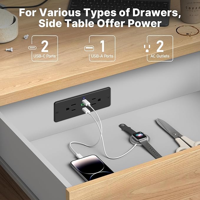 CCCEI Recessed Power Strip with Outlet and 45W USB C Ports, Furniture Flush Mount Power Strip, Small Desk Hidden Outlet for Conference Table, Nightstand, Black, 10FT.
