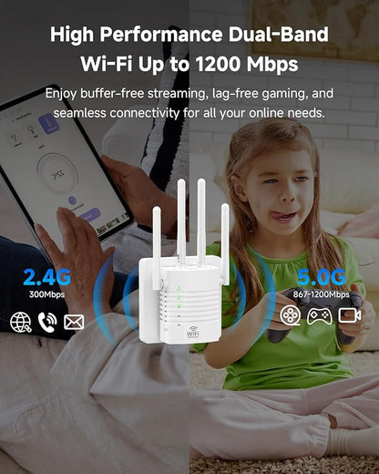 WiFi Extender Supports 105 Devices, 1.2Gbps Home Signal Booster,WiFi Extender Signal Booster with Dual Band 5GHz/2.4GHz, WiFi Booster Up to 12880 Sq.ft, EasyMesh Compatible, One Ethernet Port