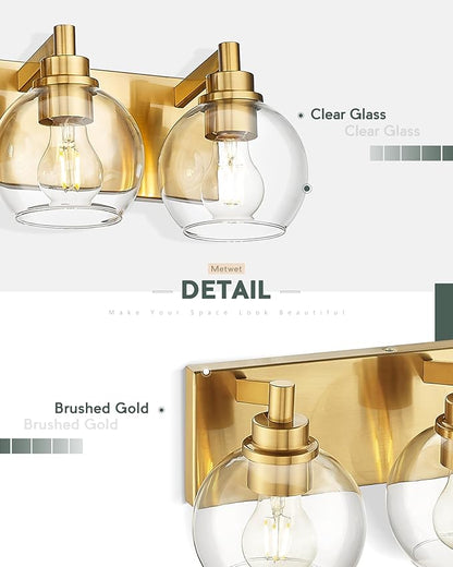 METWET Bathroom Light Fixtures, 2 Light Brushed Gold Vanity Light, Modern Wall Sconces with Clear Glass Globe Shade, Bathroom Wall Lights Over Mirror Kitchen Bedroom Hallway, VL195-GD-2