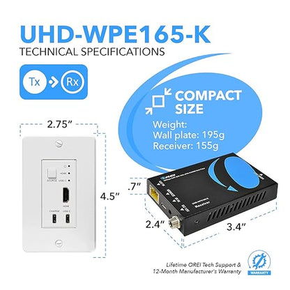 OREI 4K HDMI/USB-C Extender, Over Single Cat6/Cat7 Cable Wall Plate Transmitter 4K @ 60Hz UltraHD with HDR & IR Control - Up to 165 ft