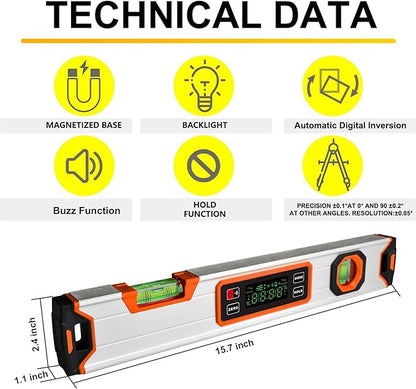 eOUTIL 15.7-Inch Digital Torpedo Level & Angle Finder – IP54 Waterproof Inclinometer with Backlit LCD, V-Groove Magnetic Base, 0.1° Accuracy – for Construction, Woodworking, Metalworking（Orange)