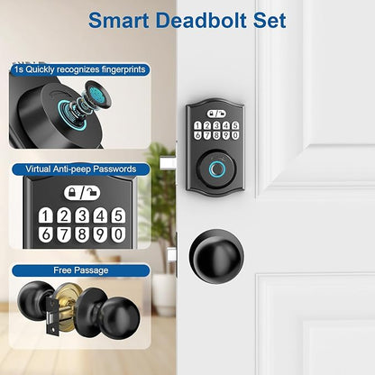BAFUWEIY Fingerprint Door Lock with Door Knobs Set, Keyless Entry Door Lock Deadbolt with Handle, Smart Front Door Lock Set with APP Control/Fingerprints/Passwords/Auto-Lock/Easy Installation Black