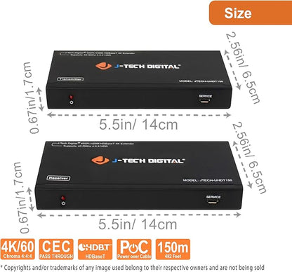 J-Tech Digital Long Range HDMI Extender Over Cat6 150m/492ft HDBaseT 4K60Hz 18Gbps Extender PoC, Bi-Directional IR, Supports Dolby Digital, DTS, with EDID, CEC, RS-232 Passthrough [JTECH-UHDT150]