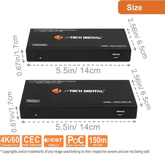 J-Tech Digital Long Range HDMI Extender Over Cat6 150m/492ft HDBaseT 4K60Hz 18Gbps Extender PoC, Bi-Directional IR, Supports Dolby Digital, DTS, with EDID, CEC, RS-232 Passthrough [JTECH-UHDT150]