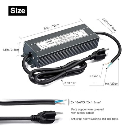 LLTOP LED Power Supply 24V 8.3A 200W LED Driver AC90-130V to 24VDC Converter Low Voltage Transformer Waterproof for Indoor Outdoor LED Lighting