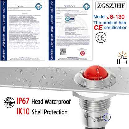 ZGSZJHF UL Listed Mini Indicator Light 8mm 0.31" Waterproof IP67 110V-120V Domed Sphere High Head Metal 304-Stainless Steel LED Lamp Pilot Light with 140mm Wire