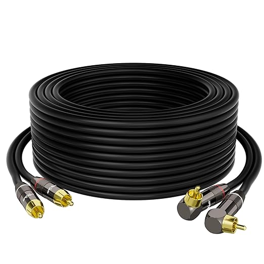 Mygatti Cable 40 FT, 90 Degree Right Angle to Stereo Audio Cable, Zinc Alloy Shell, Gold-Plated Plug, Audio Cord, for Home Theater, Subwoofer, HDTV, Amplifier, Hi-Fi System, Car, Speaker