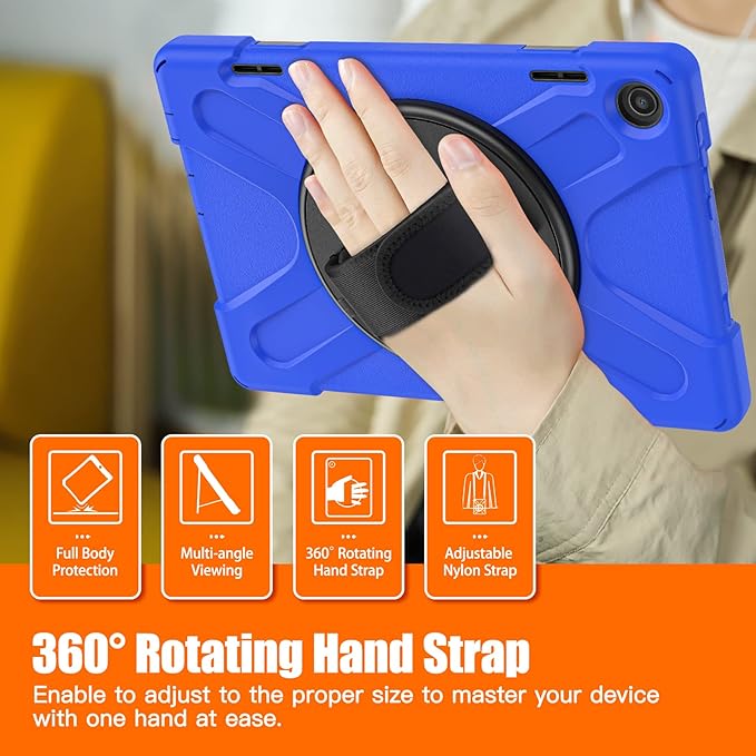 Junfire Shockproof Case for Lenovo Tab M10 3rd Gen 10.1 inch 2022, Heavy Duty Rugged Case with Hand Strap/360°Rotating Kickstand/Shoulder Belt for TB-326FU/TB-328XU,Blue