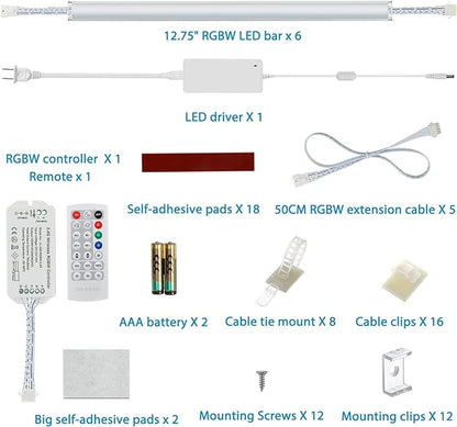 Litever Under Cabinet LED Lighting Kit. RGB Color & Bright Warm White Light. Slim Linkable LED Light Bars with Power Adapter, Controller, Extension Cords. Max 24W. Dimmable. Plug in. RGB + 3000K.