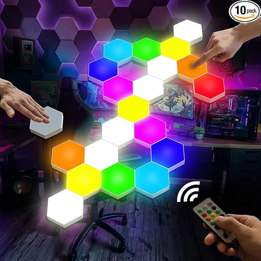 Vcwtty Hexagon Lights, Smart LED Wall Lights with Remote, 13 Colors Touch-Sensitive DIY Modular Assembled RGB Wall Panels, Hex Light with USB-Power for Autism, Game Room Decor, Party (10 Pack)