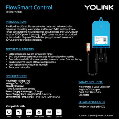 NSF Certified Pulse Meter + Shutoff Valve Kit, 1-1/2", FlowSmart Controller YS5006 Reads Meter Pulses, Real-Time Usage & Leak Detection, Auto Shutoff (D2D Offline), LoRa Long Range, Hub Included