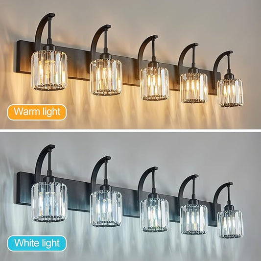 FDPBY 5-Light Crystal Vanity Light, Modern Black Bathroom Wall Sconce with K9 Crystal Shades, 42.51" Long Over Mirror Lighting for Vanity, Makeup, Hallway, Elegant & Easy Installation