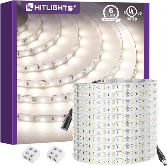 HitLights White LED Strip Lights 4000K 24V, 26.2ft Cuttable Tape Backed 3oz PCB, UL Listed, 1325 Lumen/m, CRI>95, IP20, Lighting for Living Room, Kitchen, Under Cabinets (Power Source Not Included)