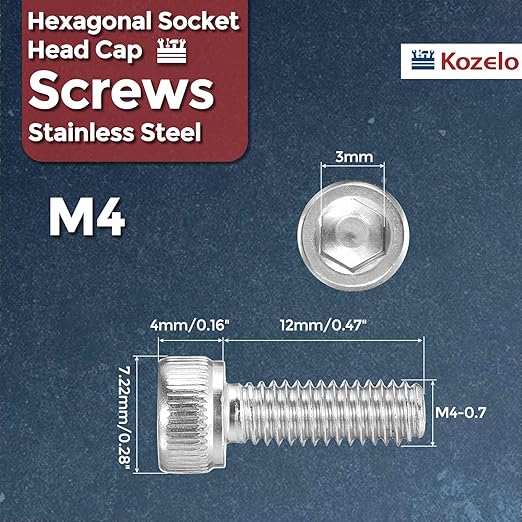 Kozelo 40pcs Socket Head Cap Screws - [M4-0.7 x 12mm] 304 Stainless Steel Allen Socket Drive for Electrical Motor 3D Printing Fan Engine Replacement Use, Silver