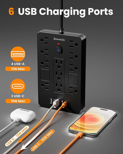 Bawmwim Surge Protector Power Strip - 11 Outlets(1850W/15A) with 6 USB Ports(2 USB C), 10FT Flat Plug Extension Cord, Wall Mount, Black, ETL Listed for Home, Dorm Room