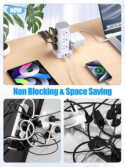 Tower Power Strips with Surge Protection, 6FT Flat Extension Cord with Multiple Outlets, 12 AC 4 USB Ports, Overload Protection Charging Station for Office Home Dorm Room Travel (White)