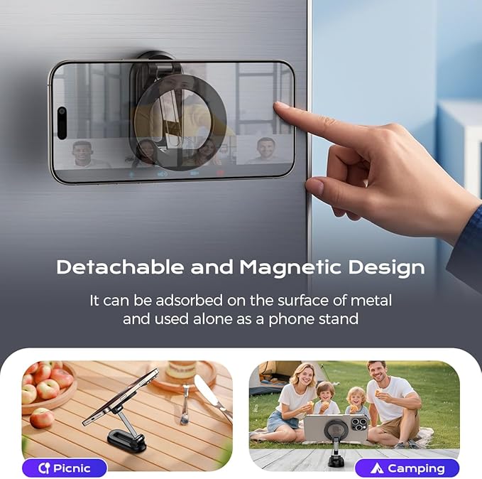 Magnetic Car Phone Holder,360° Rotation Strong Suction Car Phone Mount Detachable Vacuum Suction Phone holder Foldable Cellphone Stand for iPhone 16 15 14 13 12 Series and All Magsafe Smartphones