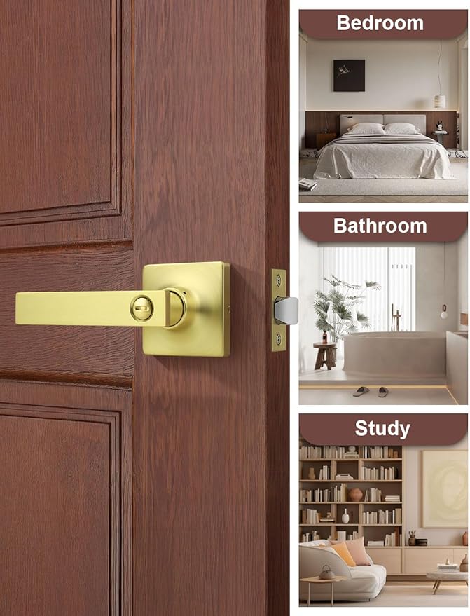 Mengico 2 Pack Gold Privacy Lever Door Handle Interior with Lock, Heavy Duty Square Door Lock for Bed/Bath, Keyless Door Locksets, Reversible for Left Right Handed Doors