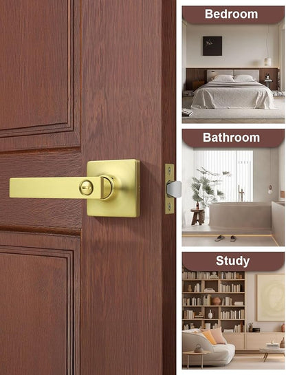 Mengico 4 Pack Gold Privacy Lever Door Handle Interior with Lock, Heavy Duty Square Door Lock for Bed/Bath, Keyless Door Locksets, Reversible for Left Right Handed Doors