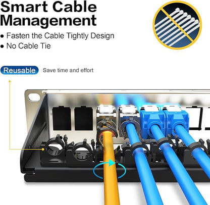 PBAEGAV 8 Port Patch Panel Blank UTP/STP 1U 10“ Keystone Patch Panel with Cable Management and Support Bar Compatible with LC/SC/ST/FC/USB/HDMI Keystone Jack(8 Port)